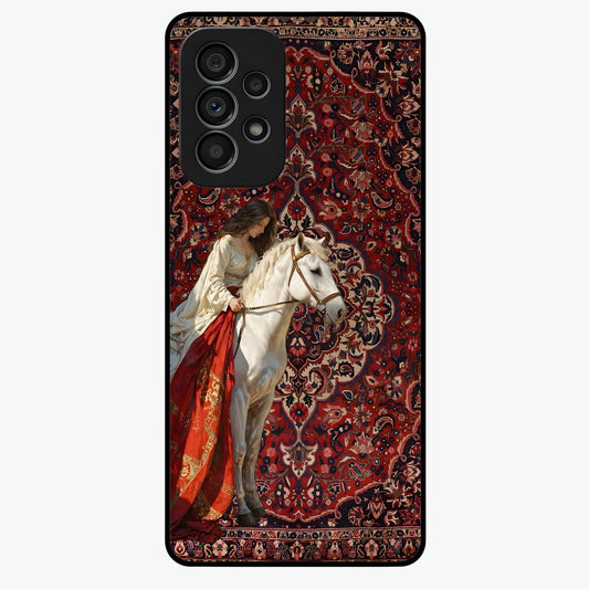 Royal Rider Tapestry Glass Case showing flat back view with majestic horse rider tapestry artwork and glossy glass finish.