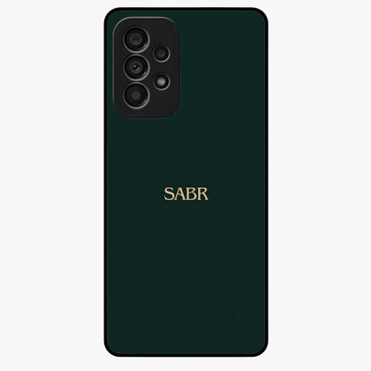 Sabr Minimal Patience Glass Case showing flat back view with minimalist typography artwork and glossy glass finish.