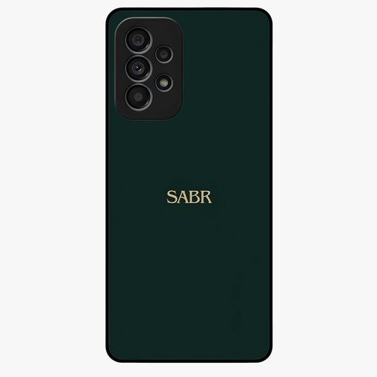 Sabr Minimal Patience Glass Case showing flat back view with minimalist typography artwork and glossy glass finish.