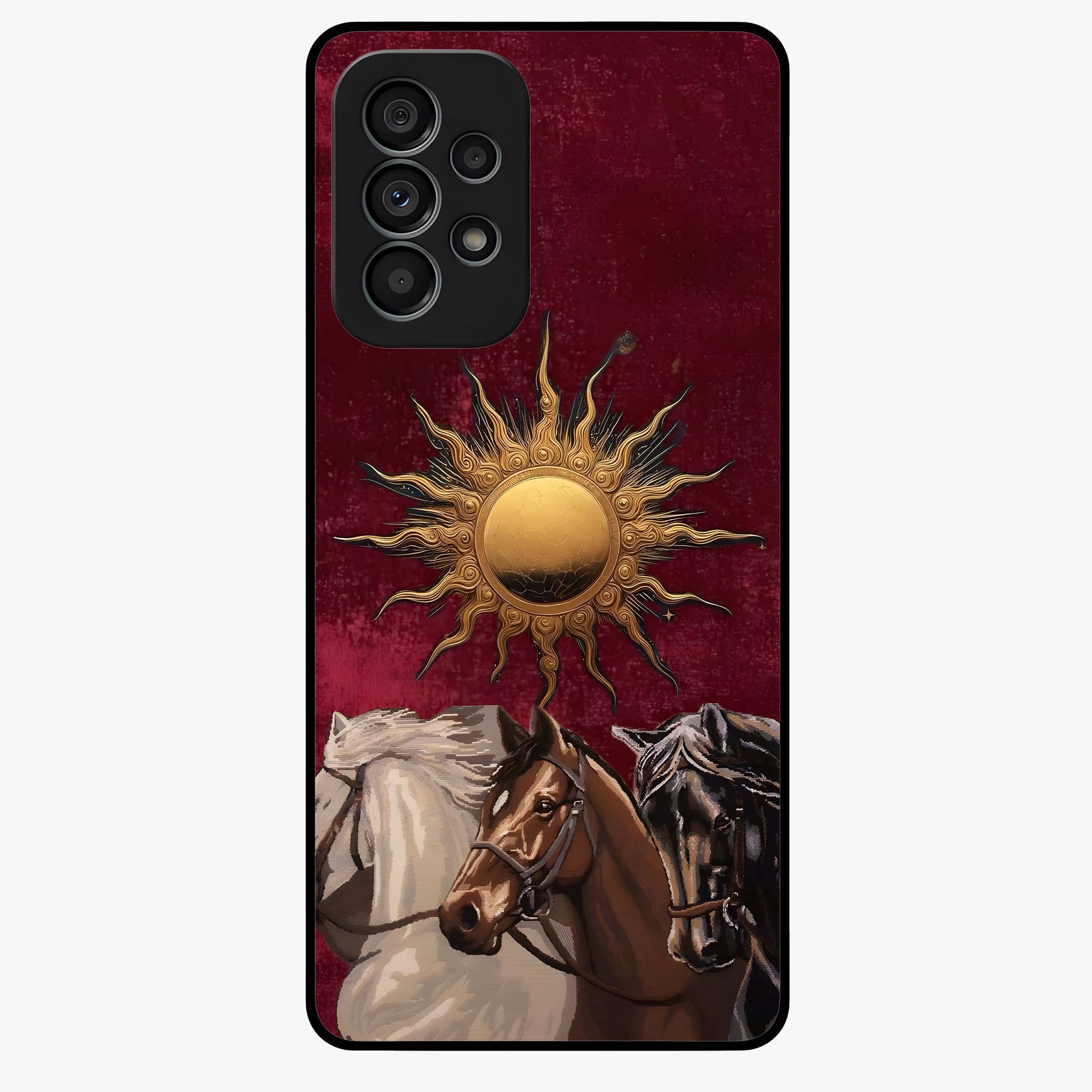 Solar Riders Glass Case showing flat back view with dynamic rider themed artwork and glossy glass finish.