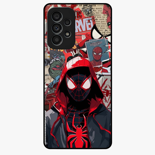 Spider Collage Street Glass Case showing flat back view with vibrant superhero collage artwork and glossy glass finish.