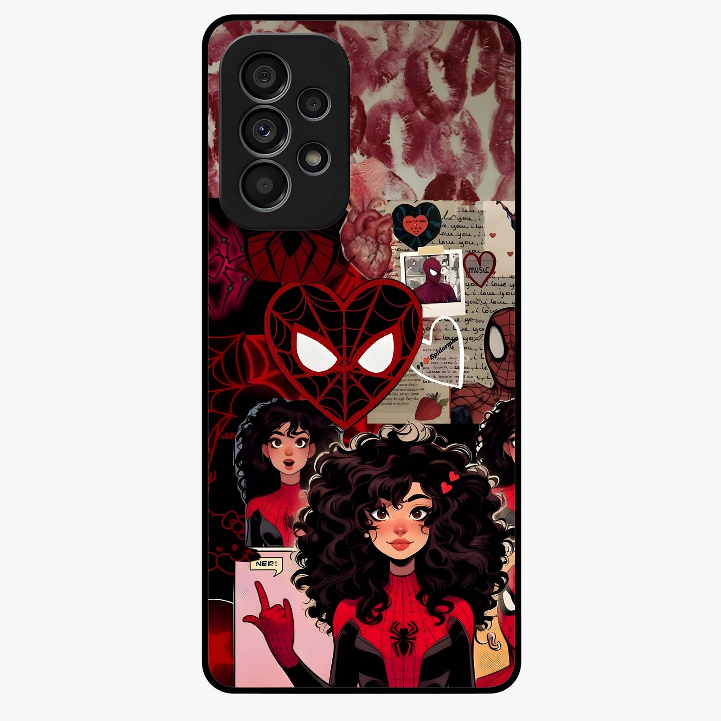 Spider Love Story Glass Case showing flat back view with romantic superhero themed artwork and glossy glass finish.