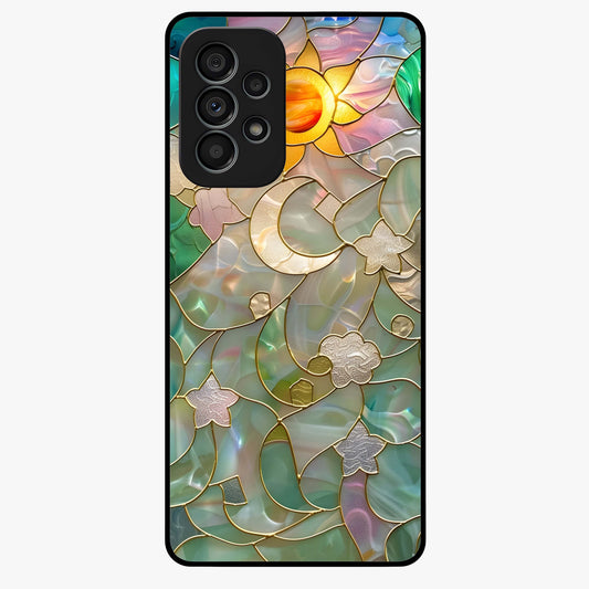 Stained Sunrise Glow Glass Case showing flat back view with glowing sunrise stained pattern artwork and glossy glass finish.