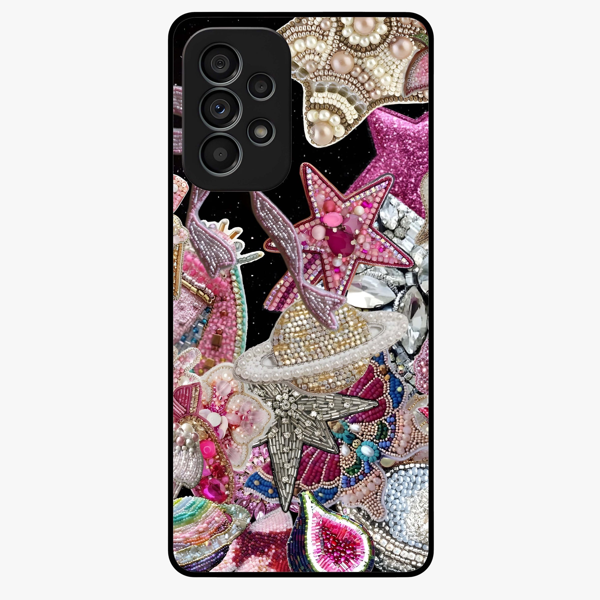 Starlit Jewel Dream Glass Case showing flat back view with sparkling jewel and star themed artwork and glossy glass finish.