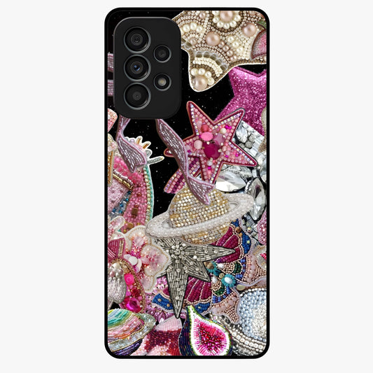 Starlit Jewel Dream Glass Case showing flat back view with sparkling jewel and star themed artwork and glossy glass finish.
