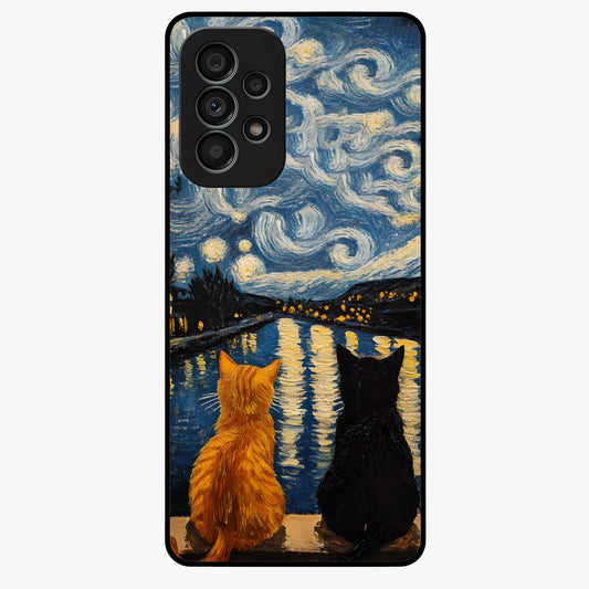Starry River Cats Glass Case showing flat back view with cats by a starry river artwork and glossy glass finish.
