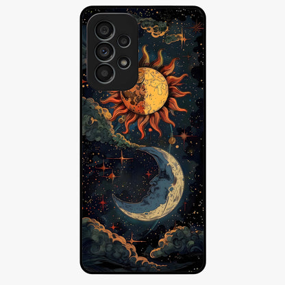Sun And Moon Magic Design Glass Case showing flat back view with mystical sun and moon artwork and glossy glass finish.