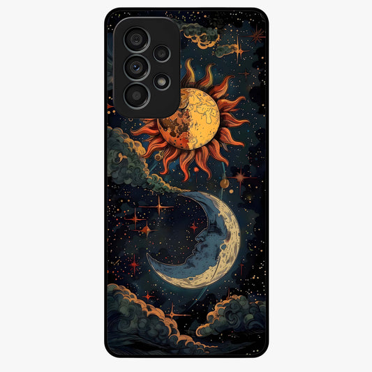 Sun And Moon Magic Design Glass Case showing flat back view with mystical sun and moon artwork and glossy glass finish.