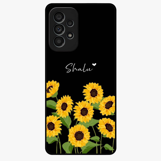 Sunflower Chic Mood Custom Name Glass Case showing flat back view with stylish sunflower artwork and personalized name design.