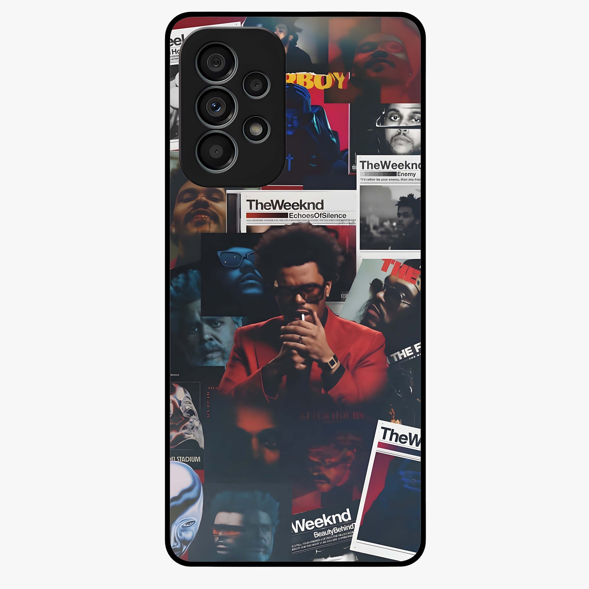 The Weeknd Glass Case showing flat back view with music inspired artistic portrait artwork and glossy glass finish.