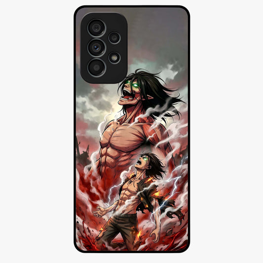 Titan Awakening Fury Glass Case showing flat back view with powerful titan inspired artwork and glossy glass finish.