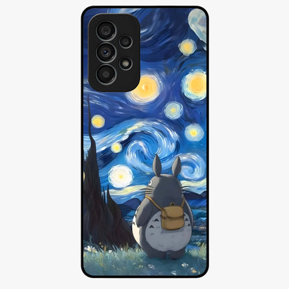 Totoro In Van Gogh Art Glass Case showing flat back view with whimsical character artwork inspired by Van Gogh style and glossy glass finish.