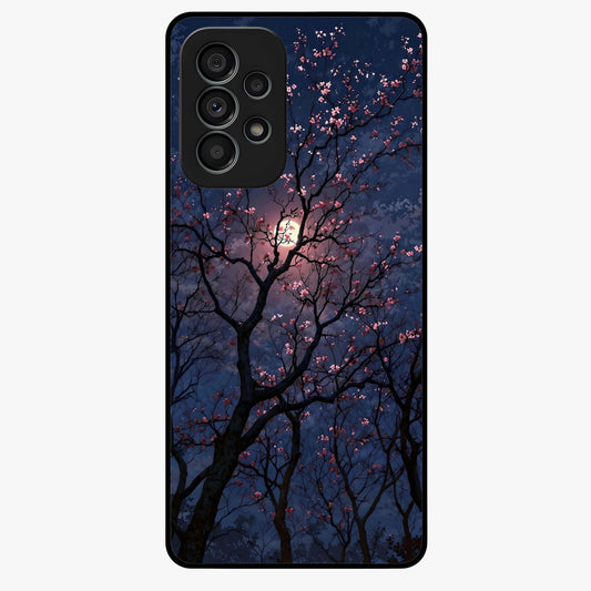 Twilight Sakura Serenade Glass Case showing flat back view with cherry blossom artwork at twilight and glossy glass finish.