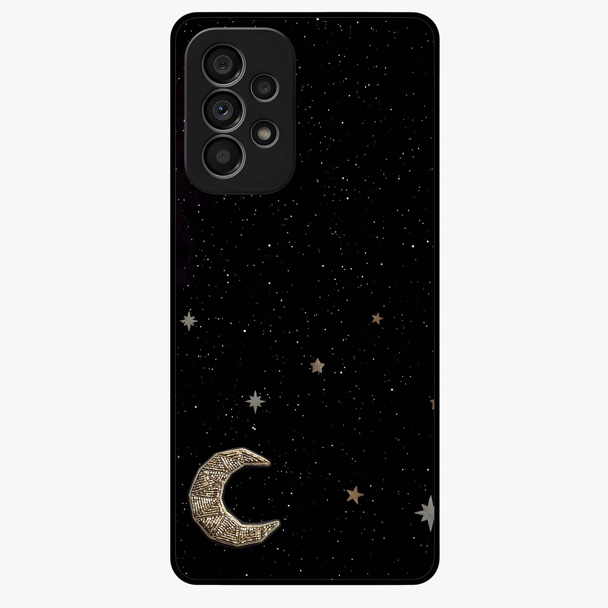 Twinkle Star With Half Moon Glass Case showing flat back view with star and half moon artwork and glossy glass finish.