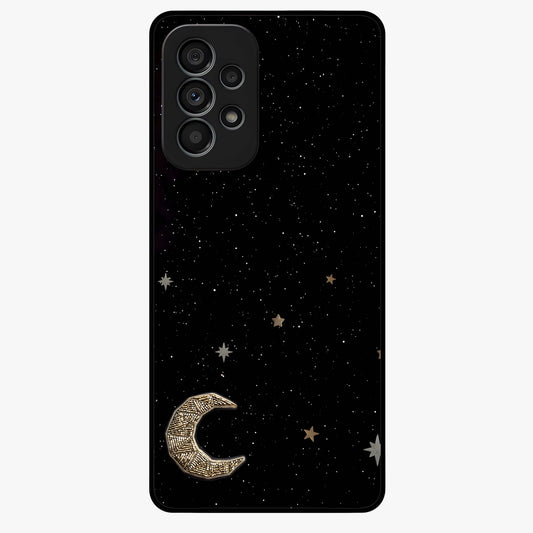 Twinkle Star With Half Moon Glass Case showing flat back view with star and half moon artwork and glossy glass finish.