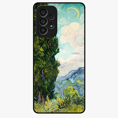 Van Gogh Vintage Art Glass Case showing flat back view with vintage painterly artwork inspired by Van Gogh style and glossy glass finish.