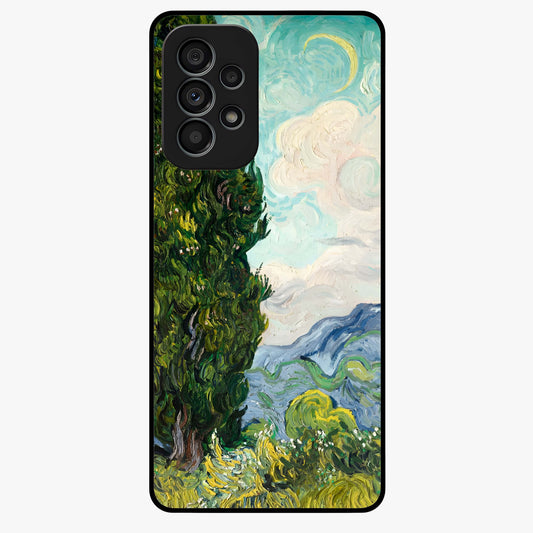 Van Gogh Vintage Art Glass Case showing flat back view with vintage painterly artwork inspired by Van Gogh style and glossy glass finish.