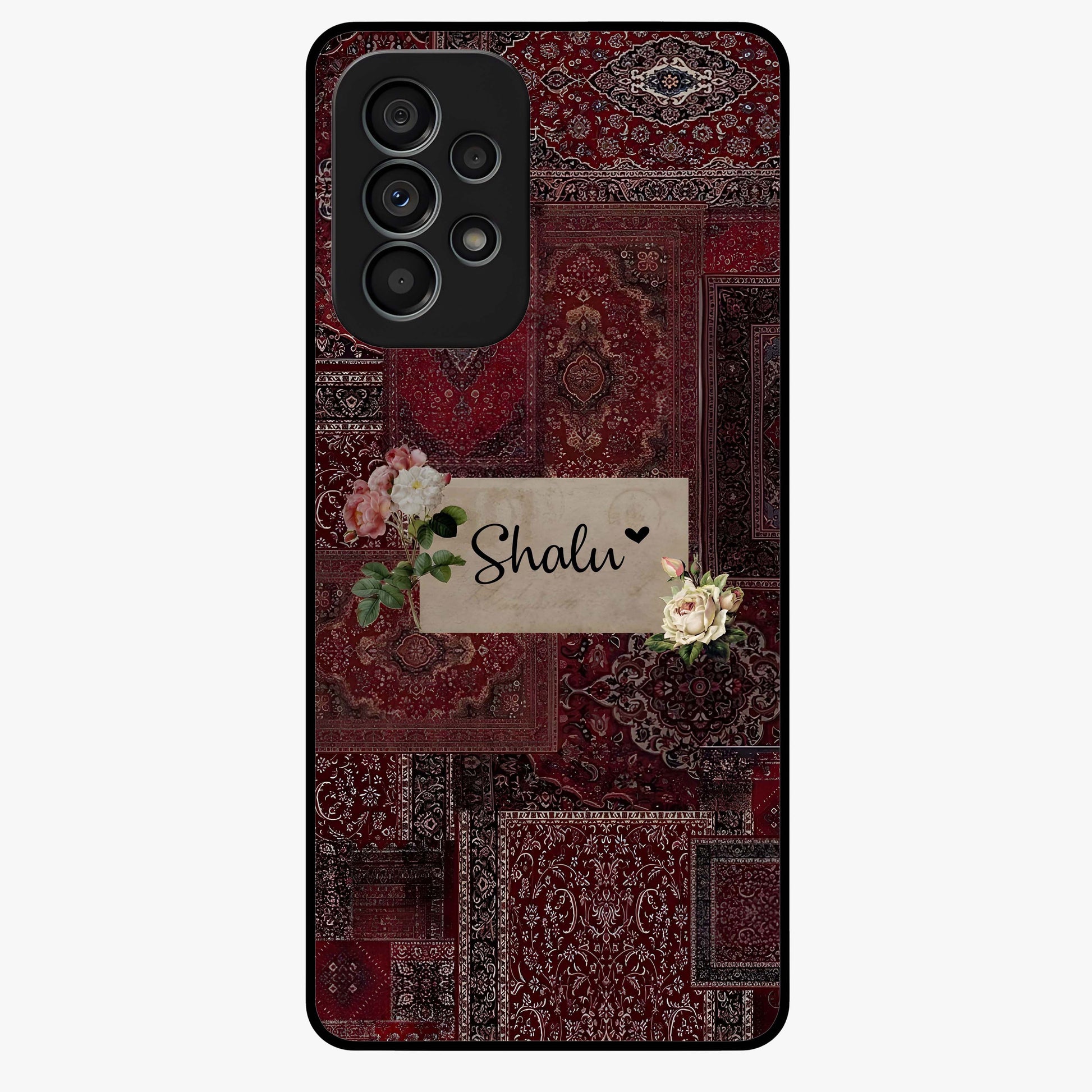 Velvet Wine Pattern Custom Name Glass Case showing flat back view with elegant wine colored pattern artwork and personalized name design.