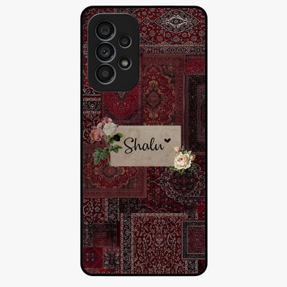 Velvet Wine Pattern Custom Name Glass Case showing flat back view with elegant wine colored pattern artwork and personalized name design.