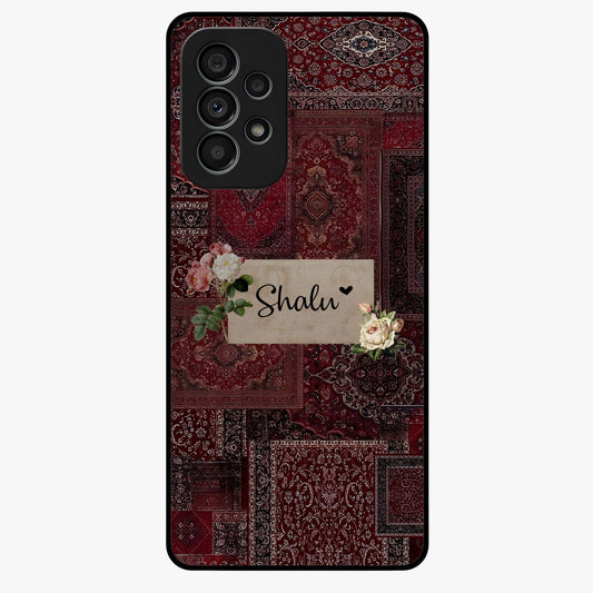 Velvet Wine Pattern Custom Name Glass Case showing flat back view with elegant wine colored pattern artwork and personalized name design.