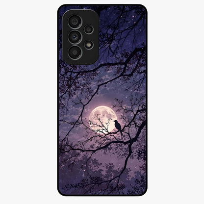 Whispering Moon Silence Glass Case showing flat back view with serene moon themed artwork and glossy glass finish.