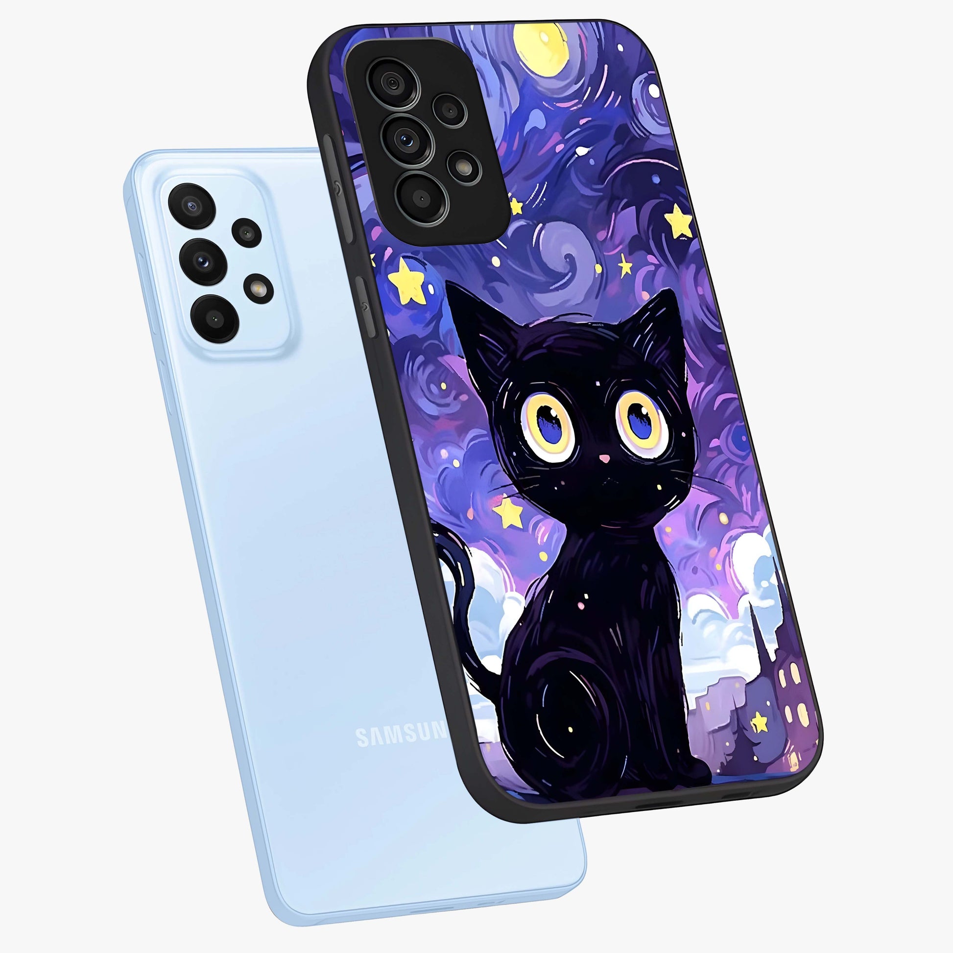 Abstract Cat Art Glass Case displayed in angled mockup highlighting modern abstract cat artwork and sleek glass surface.