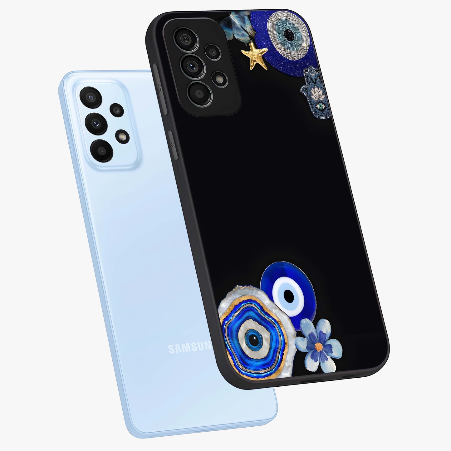 Aesthetic Blue Evil Eye Glass Case displayed in angled mockup highlighting blue evil eye symbol and spiritual aesthetic design.