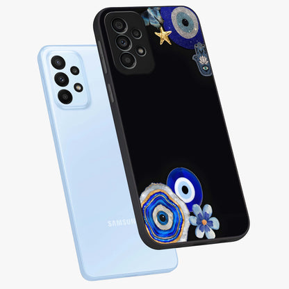 Aesthetic Blue Evil Eye Glass Case displayed in angled mockup highlighting blue evil eye symbol and spiritual aesthetic design.