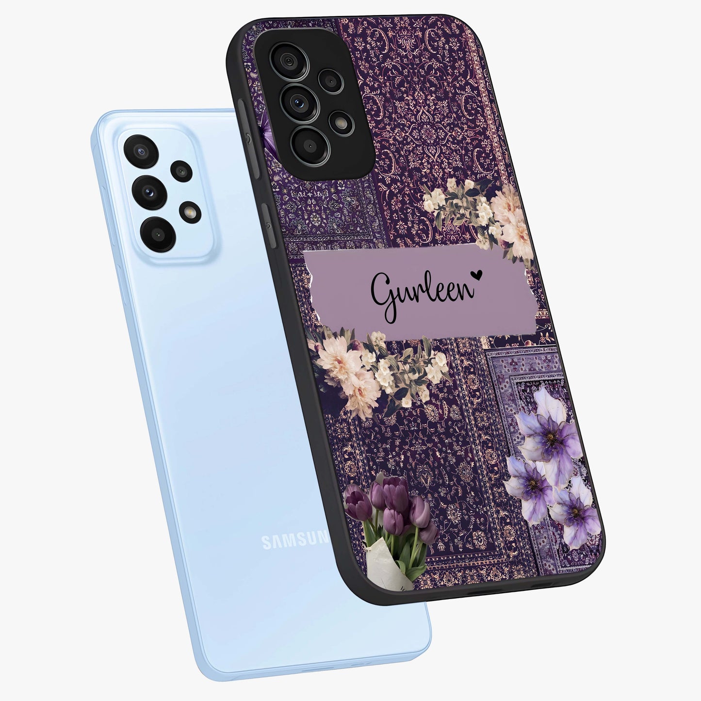 Antique Floral Whisper Custom Name Glass Case displayed in angled mockup highlighting elegant antique floral aesthetic.