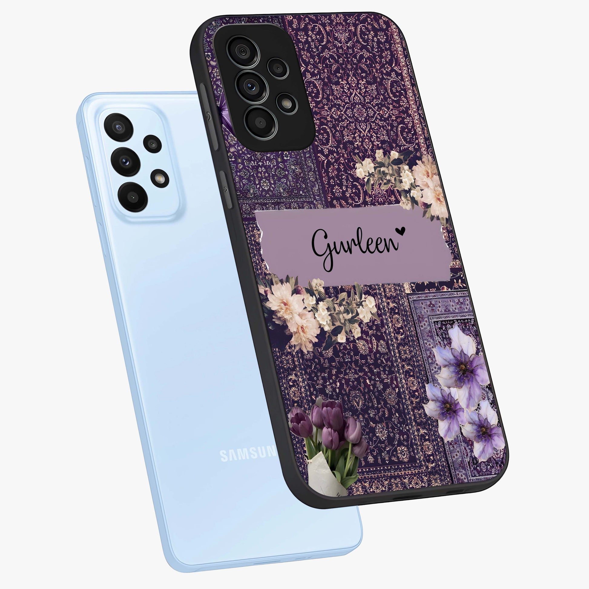 Antique Floral Whisper Custom Name Glass Case displayed in angled mockup highlighting elegant antique floral aesthetic.
