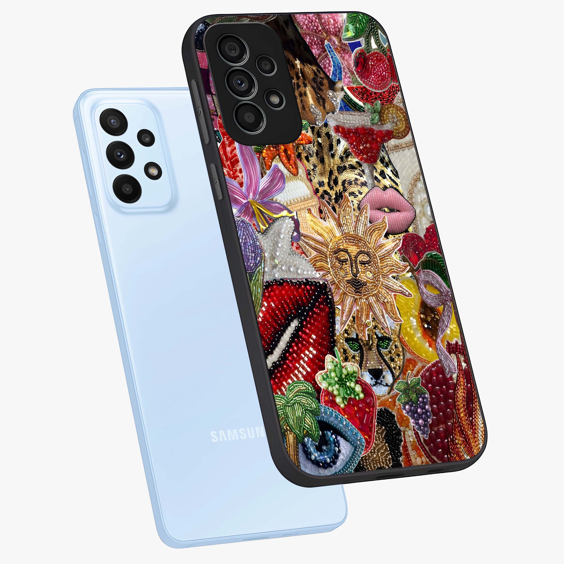 Beaded Fashion Jungle Glass Case displayed in angled mockup highlighting colorful fashion bead design and artistic pattern.