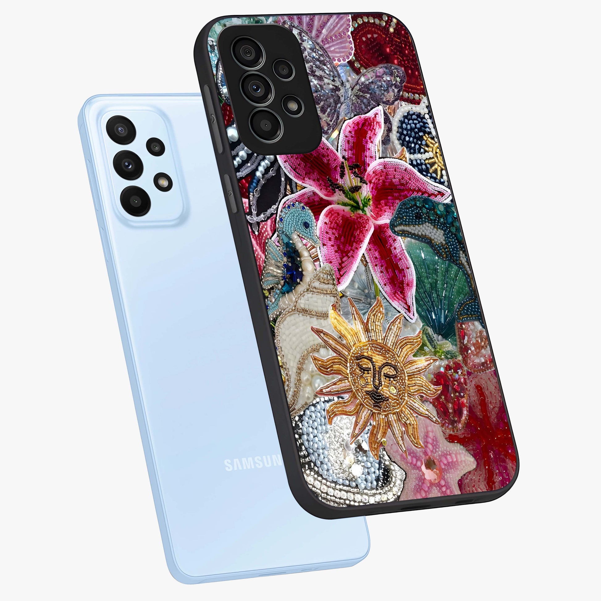 Beaded Garden Fantasy Glass Case displayed in angled mockup highlighting fantasy inspired floral bead pattern.