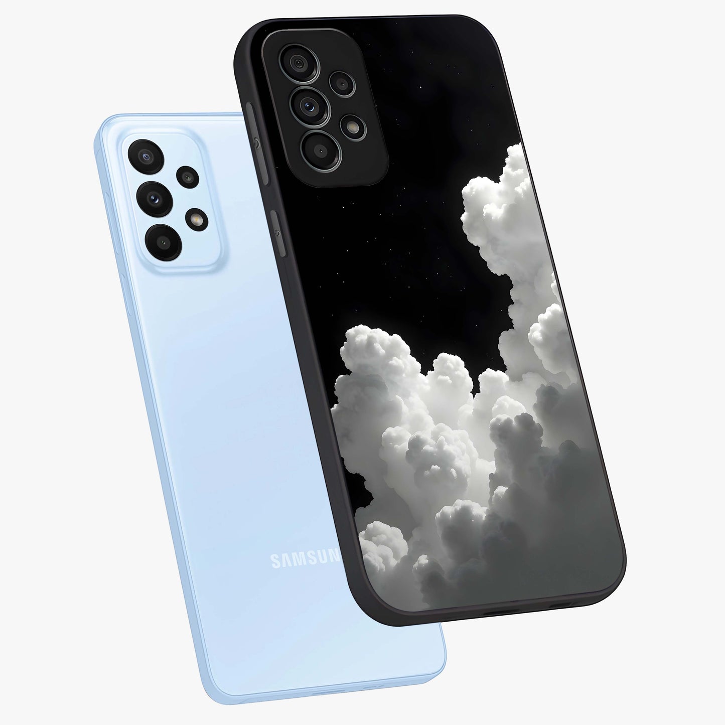 Black Background With White Cloud Glass Case displayed in angled mockup highlighting soft white cloud illustration and minimal design.