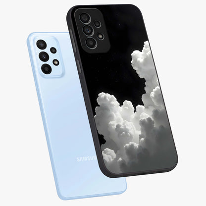 Black Background With White Cloud Glass Case displayed in angled mockup highlighting soft white cloud illustration and minimal design.