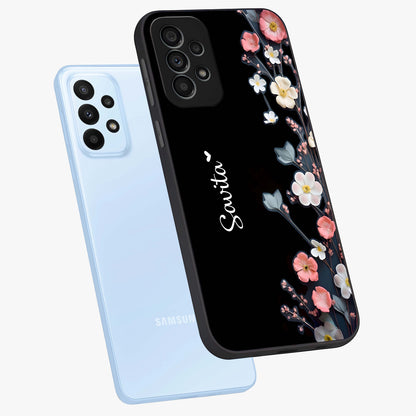 Black Elegance Floral Custom Name Glass Case displayed in angled mockup highlighting dark floral aesthetic and custom name feature.