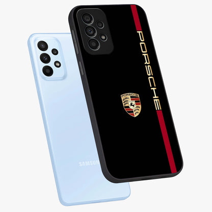 Black Minimal Porsche Glass Case displayed in angled mockup highlighting modern minimal car illustration and clean aesthetic design.