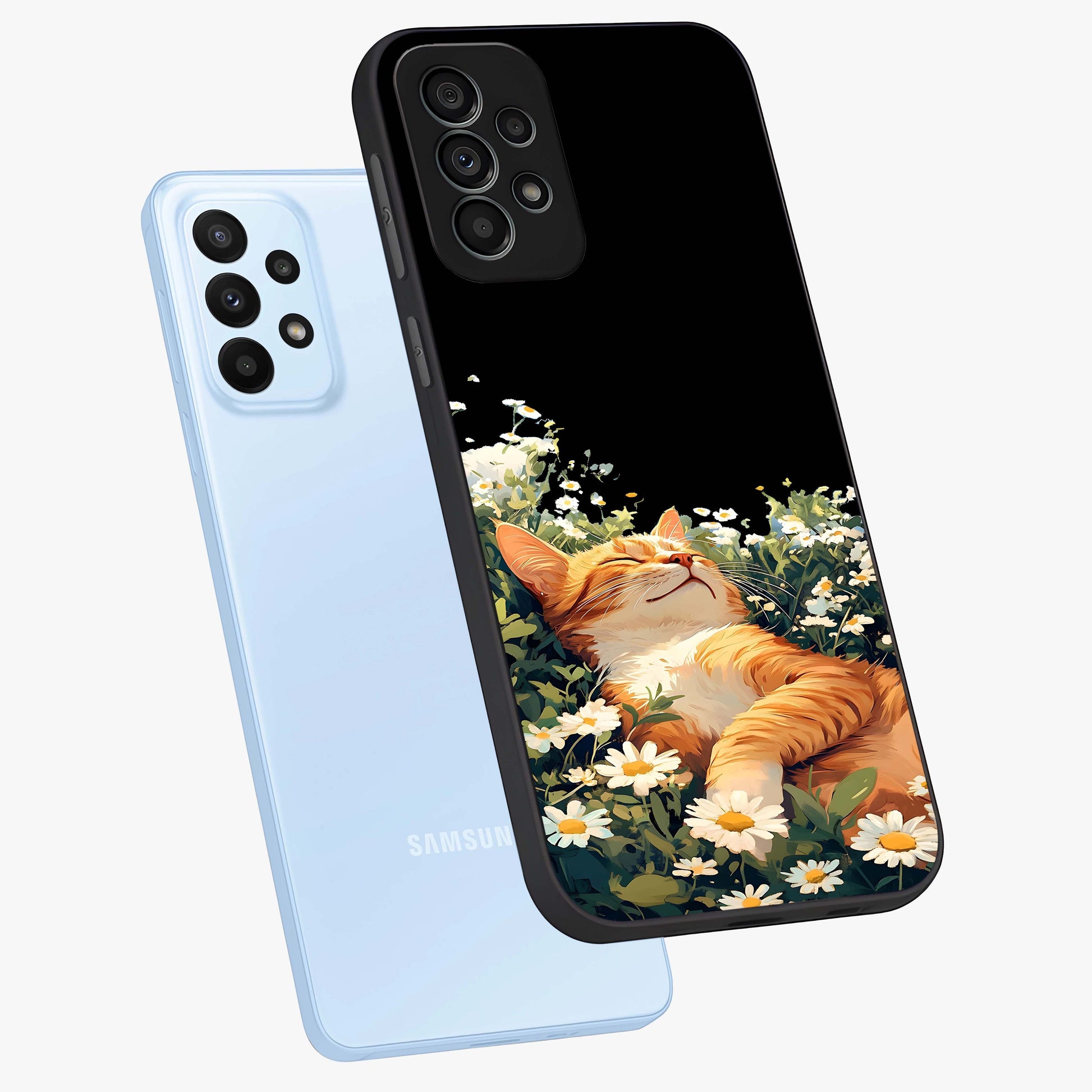 Blissful Bloom Cat Glass Case displayed in angled mockup highlighting playful feline illustration with soft floral aesthetic.