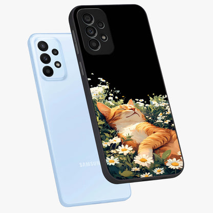 Blissful Bloom Cat Glass Case displayed in angled mockup highlighting playful feline illustration with soft floral aesthetic.
