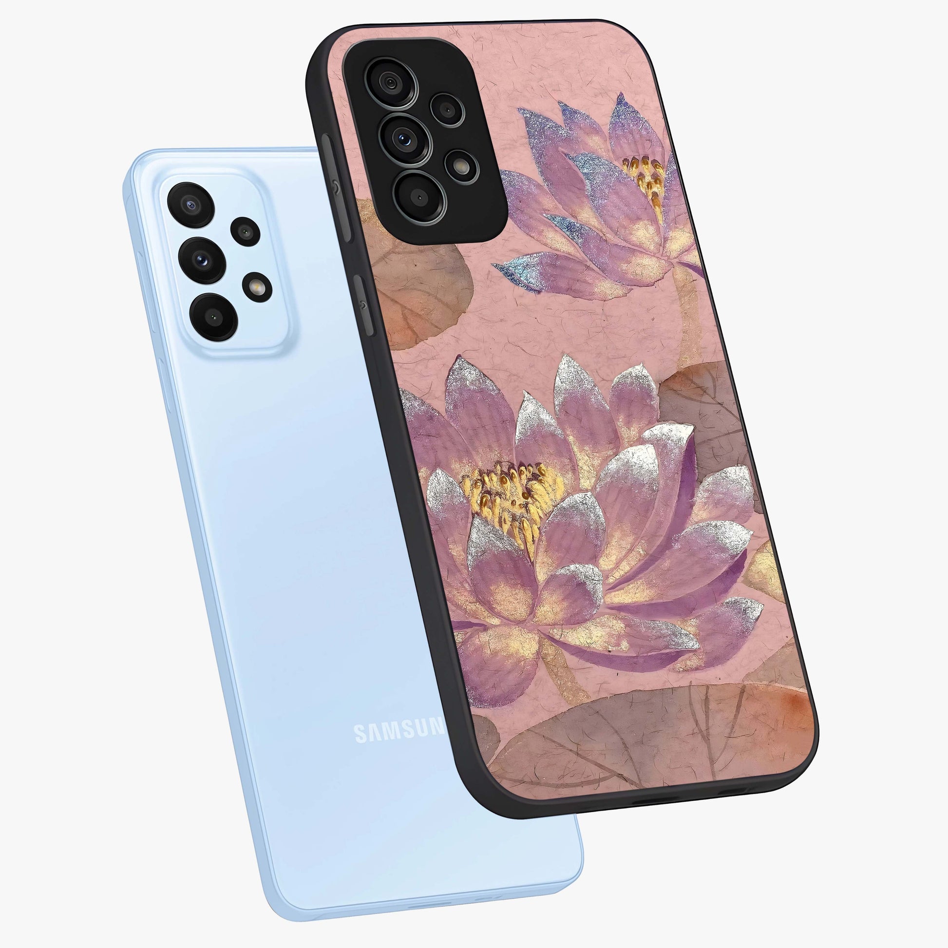 Blossom Mist Lotus Glass Case displayed in angled mockup highlighting delicate lotus illustration with calm aesthetic theme.