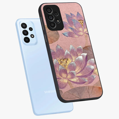 Blossom Mist Lotus Glass Case displayed in angled mockup highlighting delicate lotus illustration with calm aesthetic theme.