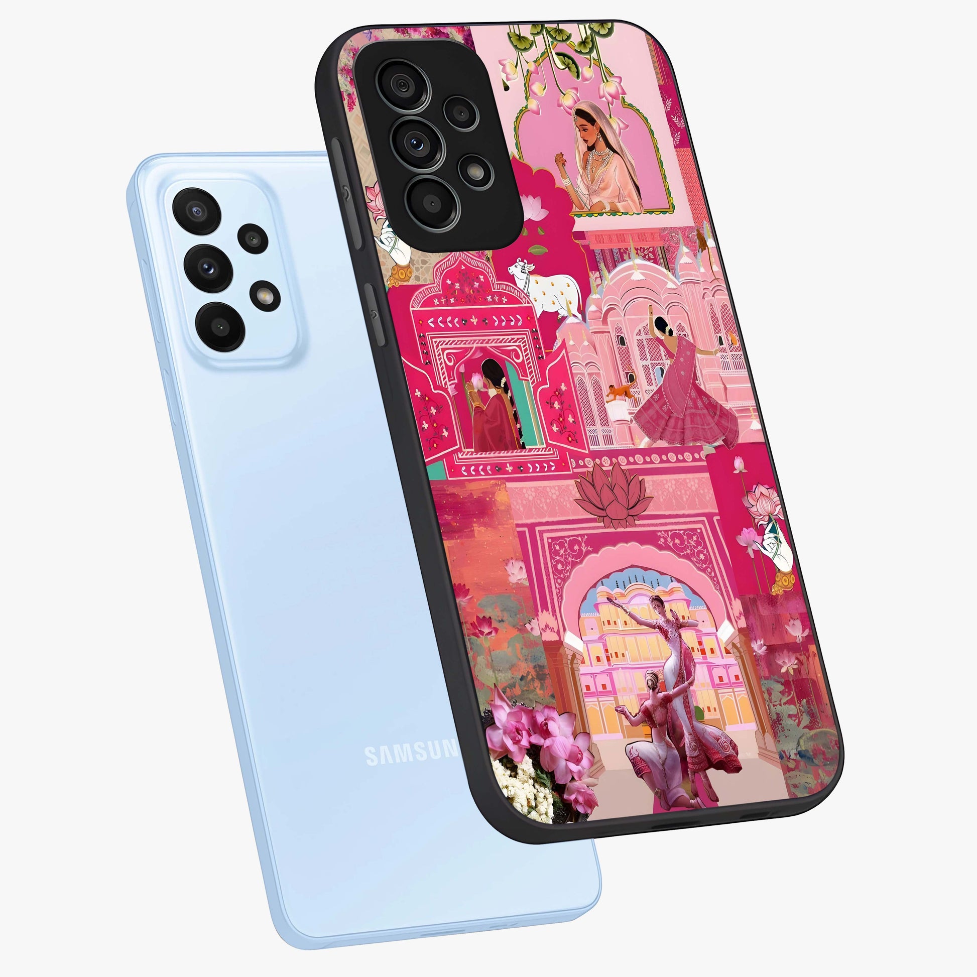 Blossoms of Rajasthan Glass Case displayed in angled mockup highlighting vibrant floral pattern with cultural aesthetic style.