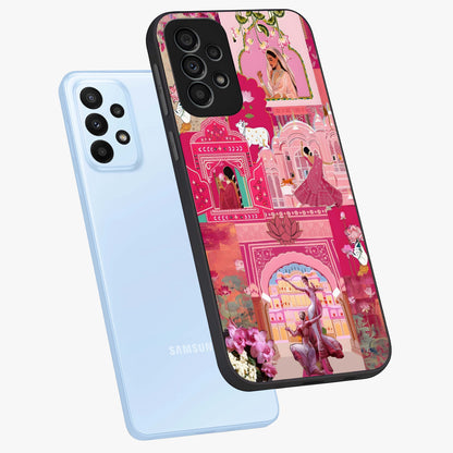 Blossoms of Rajasthan Glass Case displayed in angled mockup highlighting vibrant floral pattern with cultural aesthetic style.