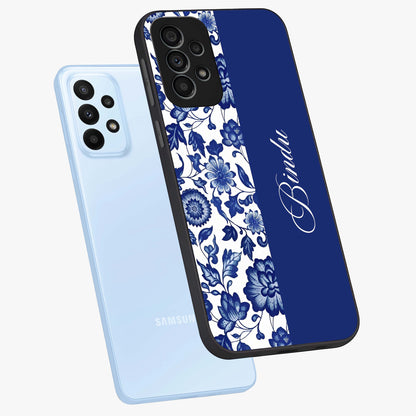 Blue Vintage Floral Pattern Glass Case displayed in angled mockup highlighting subtle bloom pattern with aesthetic pastel design.