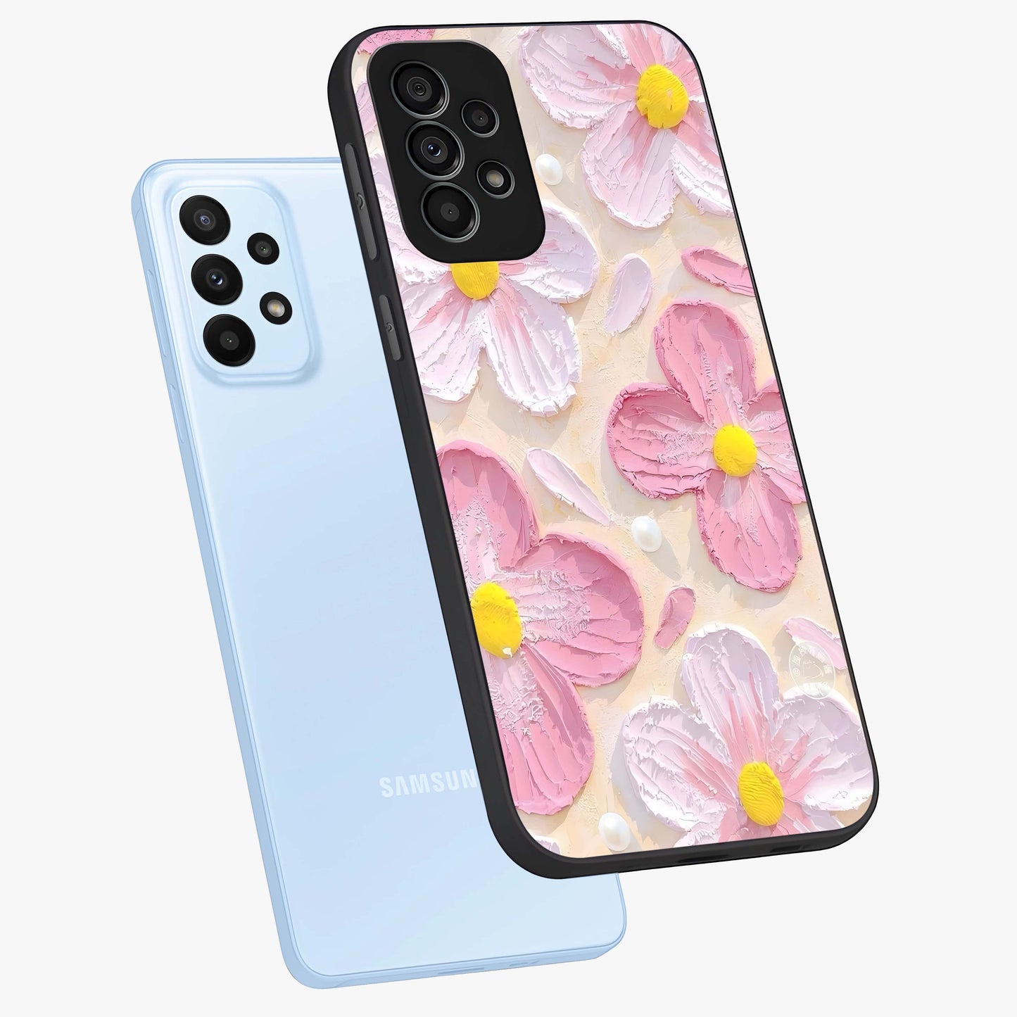 Blush Bloom Texture Glass Case displayed in angled mockup highlighting subtle bloom pattern with aesthetic pastel design.