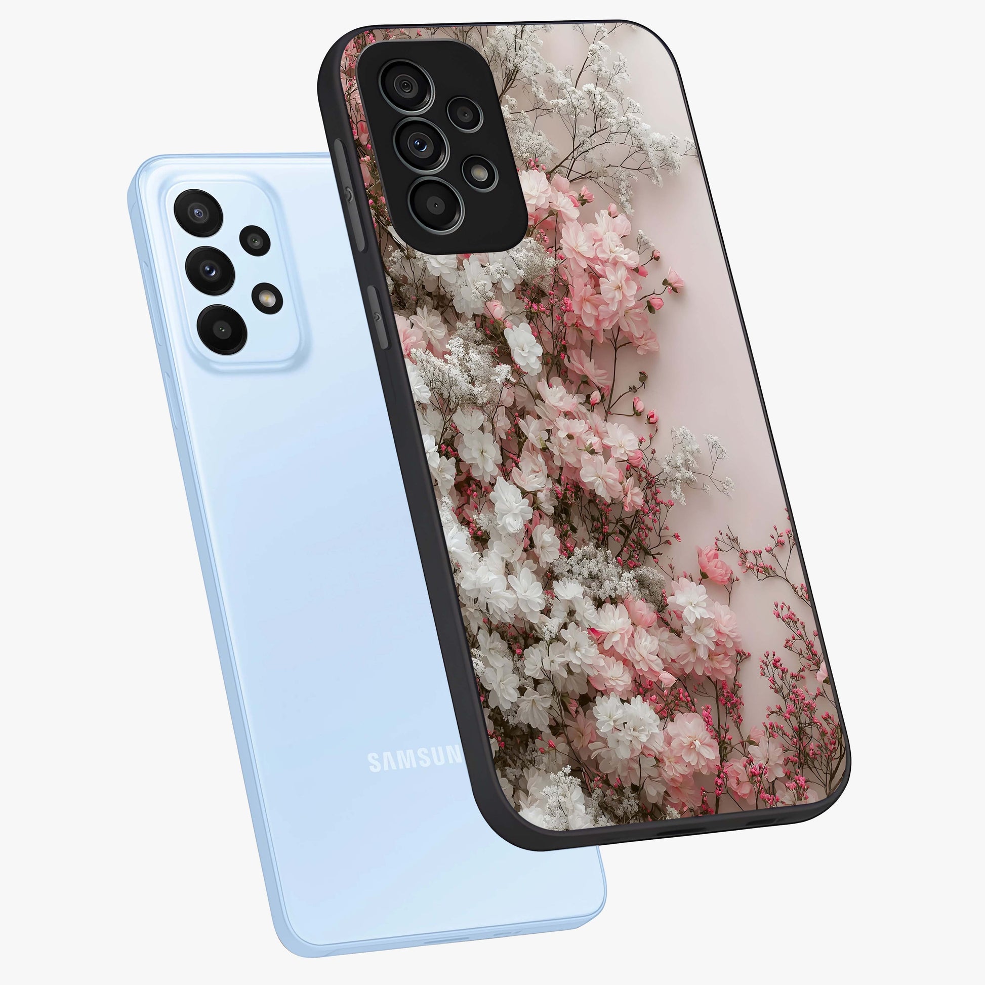 Blush Blossom Cloud Glass Case displayed in angled mockup highlighting soft cloud and blossom design with pastel aesthetic.