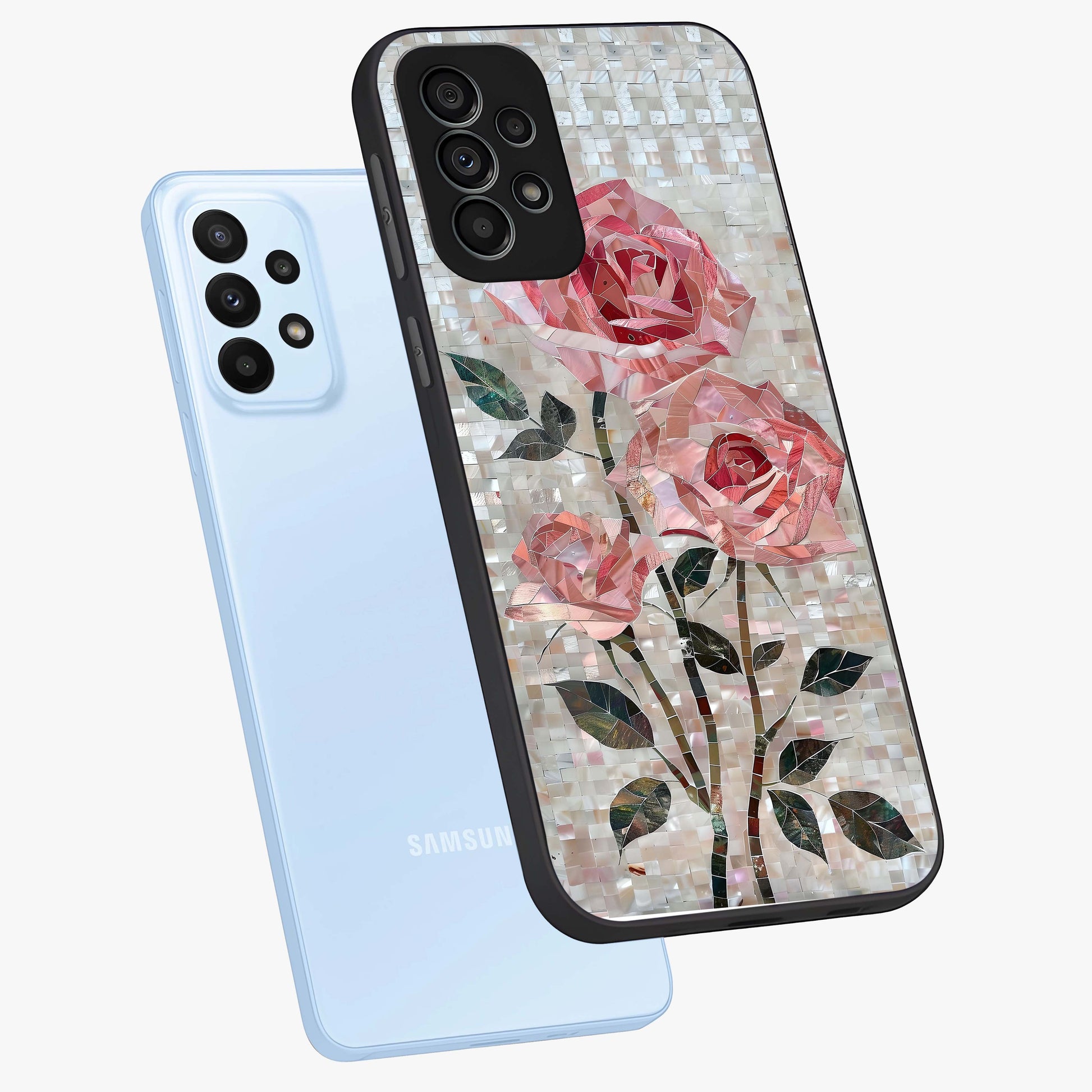 Blush Mosaic Bloom Glass Case displayed in angled mockup highlighting artistic mosaic flower pattern with aesthetic design.
