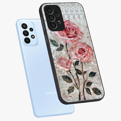 Blush Mosaic Bloom Glass Case displayed in angled mockup highlighting artistic mosaic flower pattern with aesthetic design.