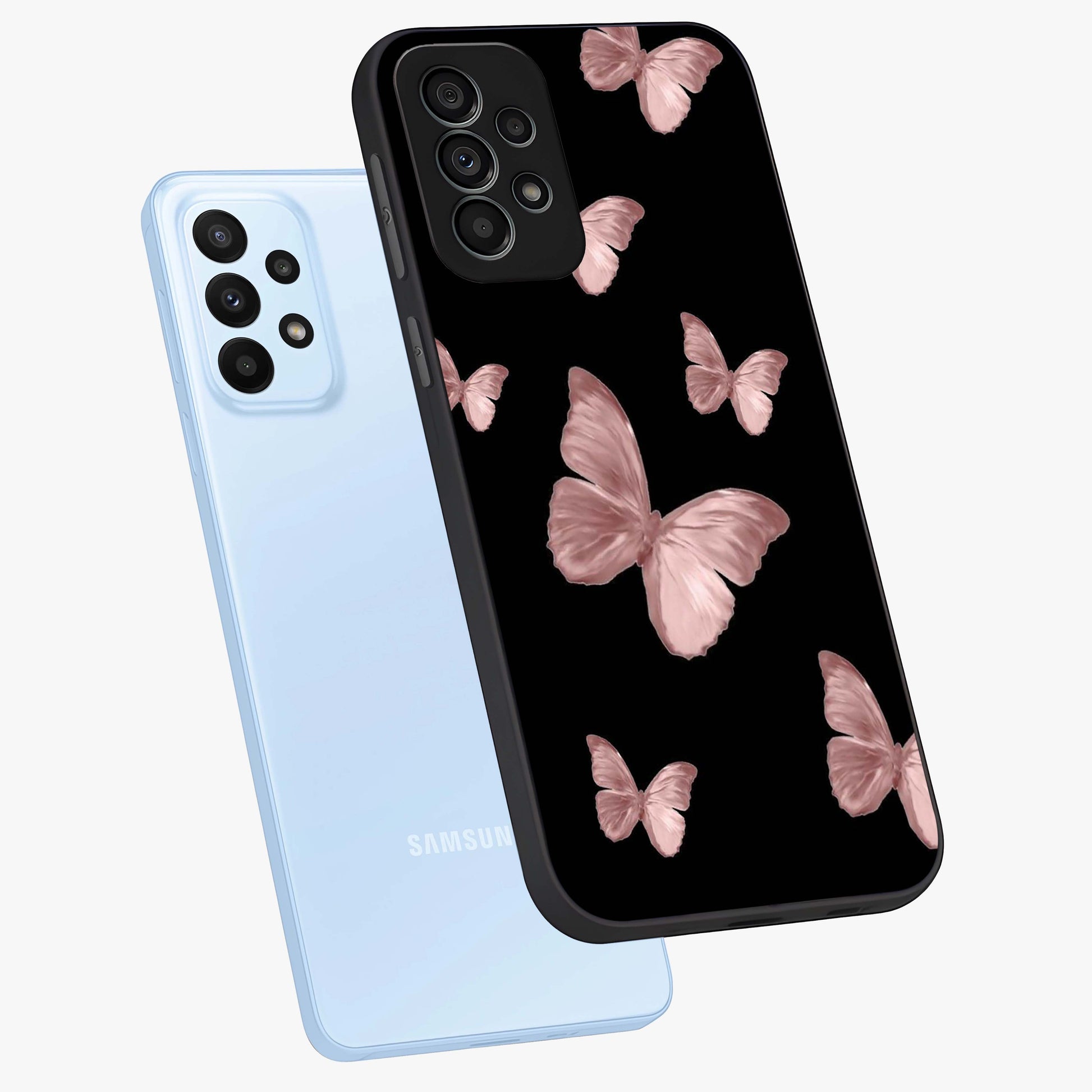 Butterfly Pattern Glass Case displayed in angled mockup highlighting delicate butterfly design and aesthetic pattern style.