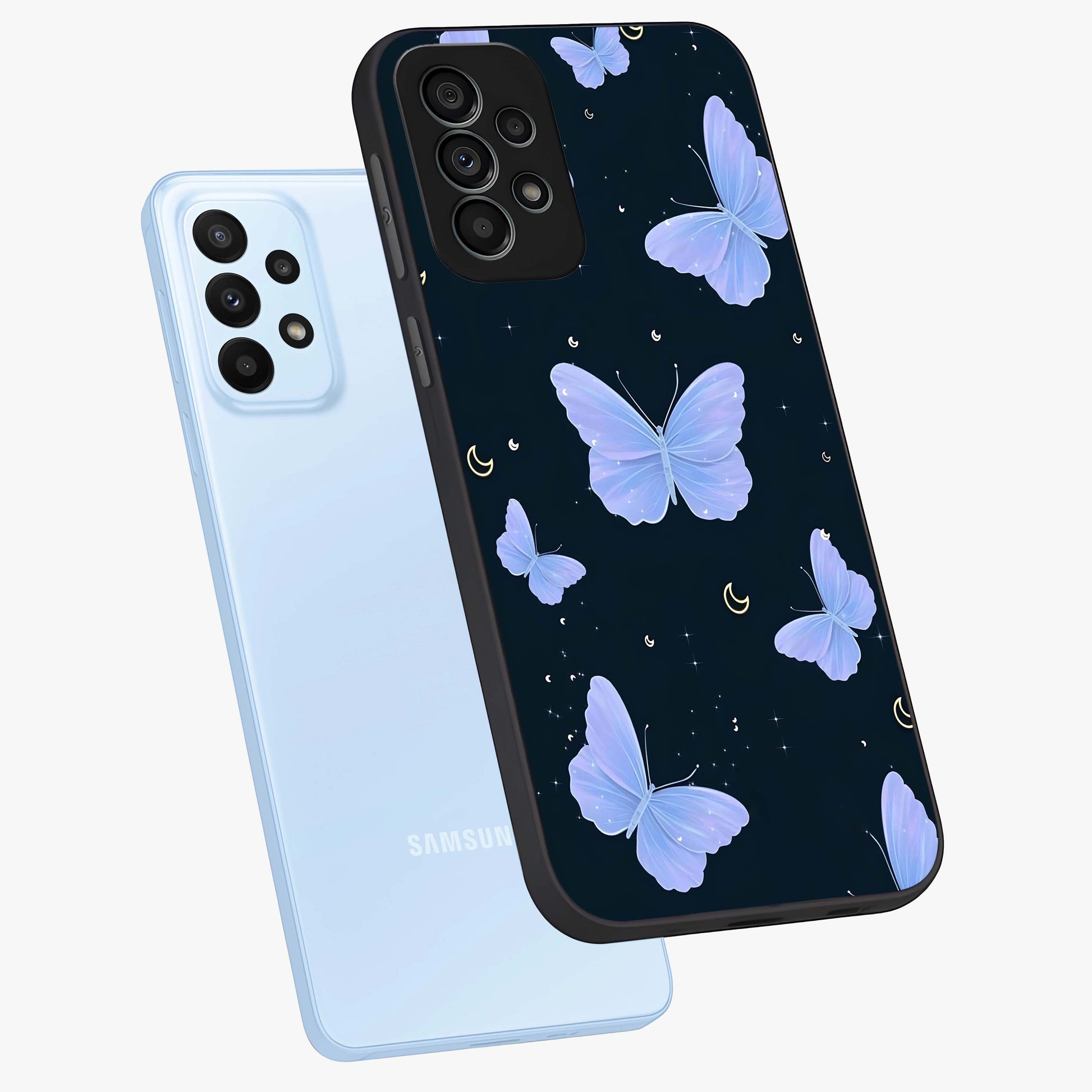Butterfly With Stars Pattern Glass Case displayed in angled mockup highlighting dreamy butterfly and star design with aesthetic theme.