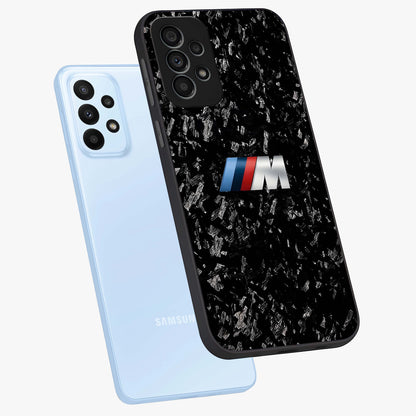 Carbon Speed Mark Glass Case displayed in angled mockup highlighting racing inspired carbon design and sleek aesthetic style.